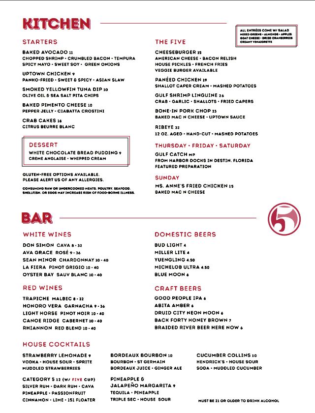 FIVE Tuscaloosa FIVE Menu - Bar Menu in Tuscaloosa, AL