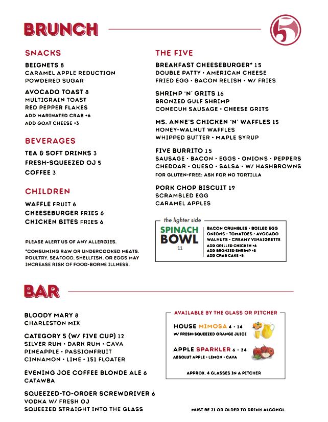 FIVE Tuscaloosa FIVE Menu - Bar Menu in Tuscaloosa, AL