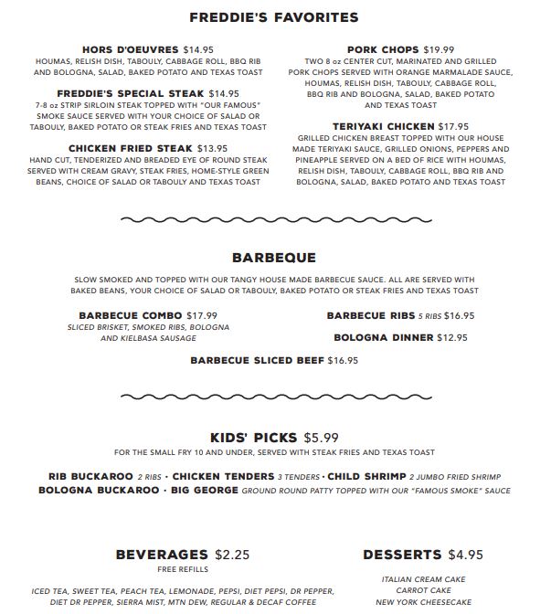 Freddie's BBQ & Steakhouse Freddies BBQ Menu - American Menu in Sapulpa, OK