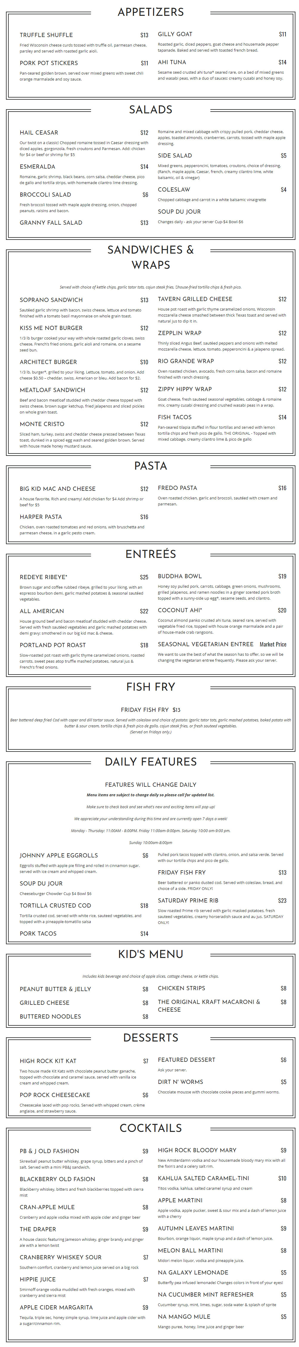 High Rock High Rock General Menu - American Menu in Wisconsin Dells, WI