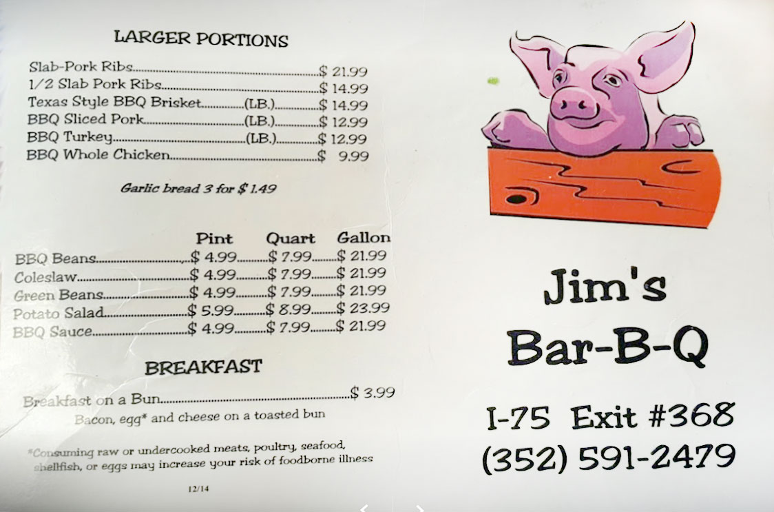 Jim's Bar-B-Que Jims Bar-B-Que Menu - American Menu in Reddick, FL