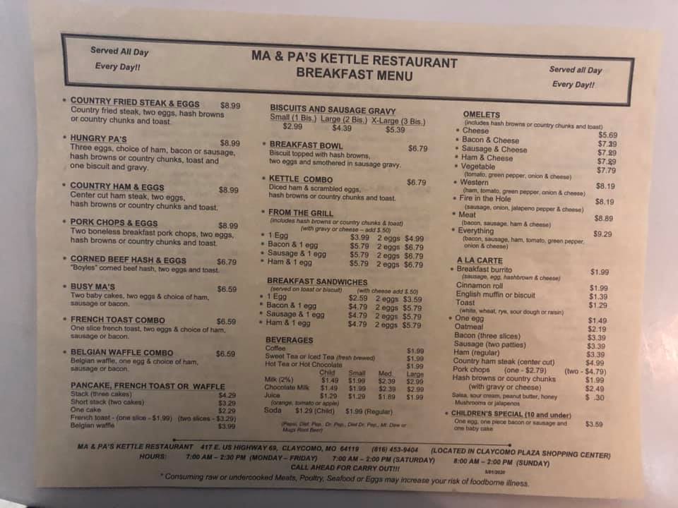 Ma & Pa's Kettle Restaurant Ma & Pas Kettle Restaurant Menu - American Menu in Kansas City, MO