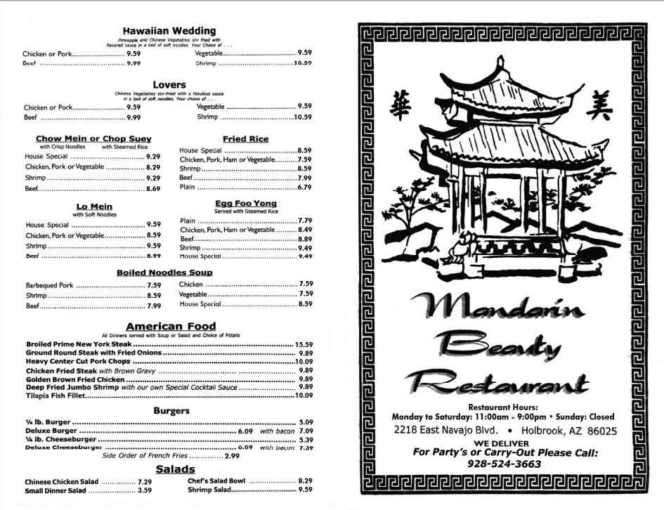 Mandarin Beauty Chinese Restaurant Madarin Beauty Restaurant Menu - American Menu in Holbrook, AZ