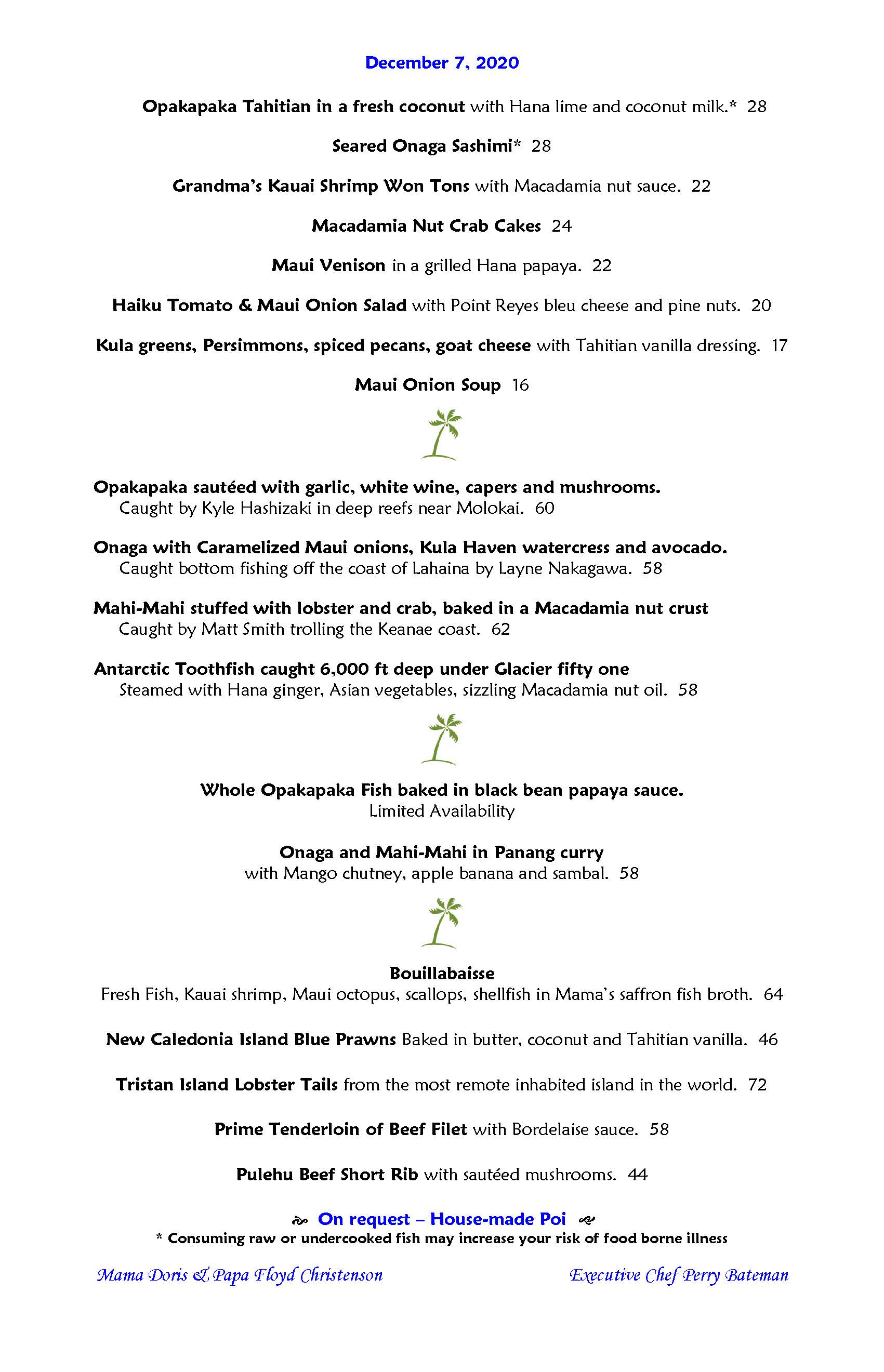 Mama's Fish House Mama's Fish House Dinner Menu - Hawaiian Menu in Paia, HI