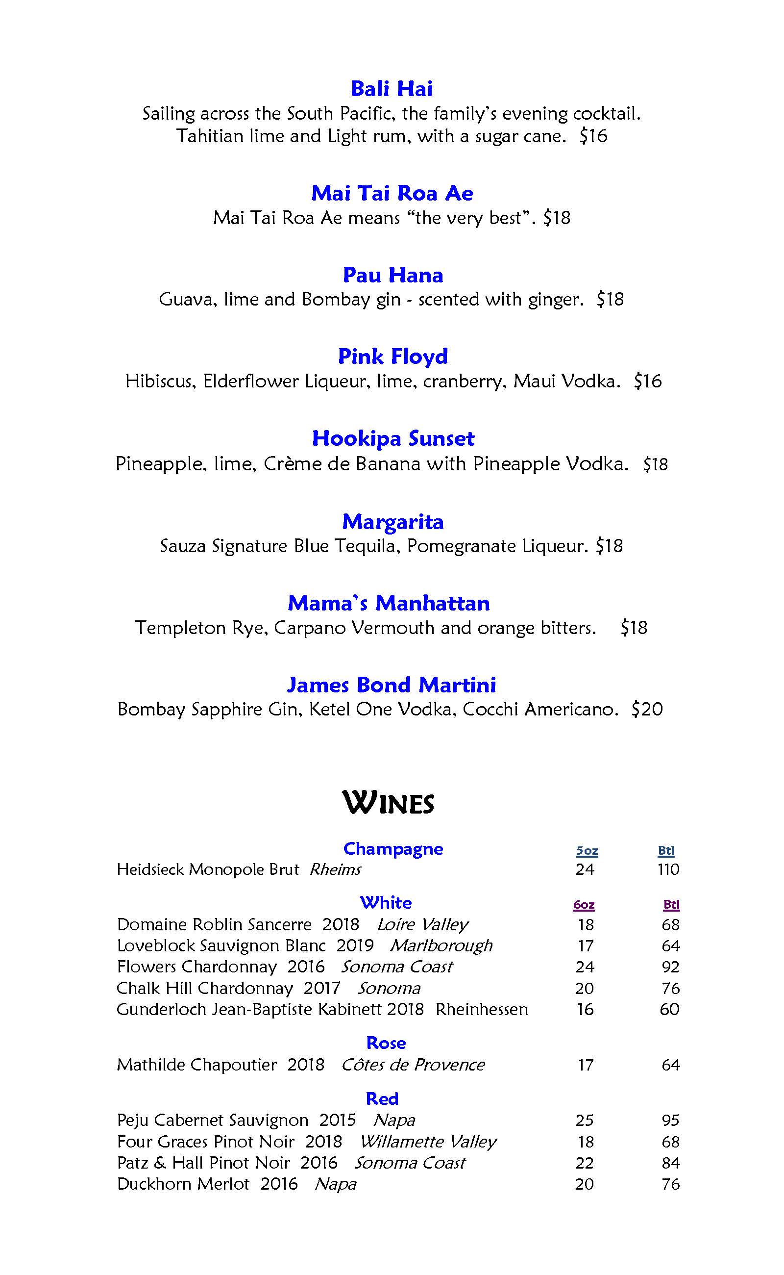 Mama's Fish House Mama's Fish House Drinks Menu - Hawaiian Menu in Paia, HI