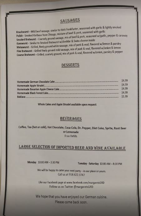 Margaret's German Restaurant Margarets German Restaurant Menu - German Menu in Tulsa, OK