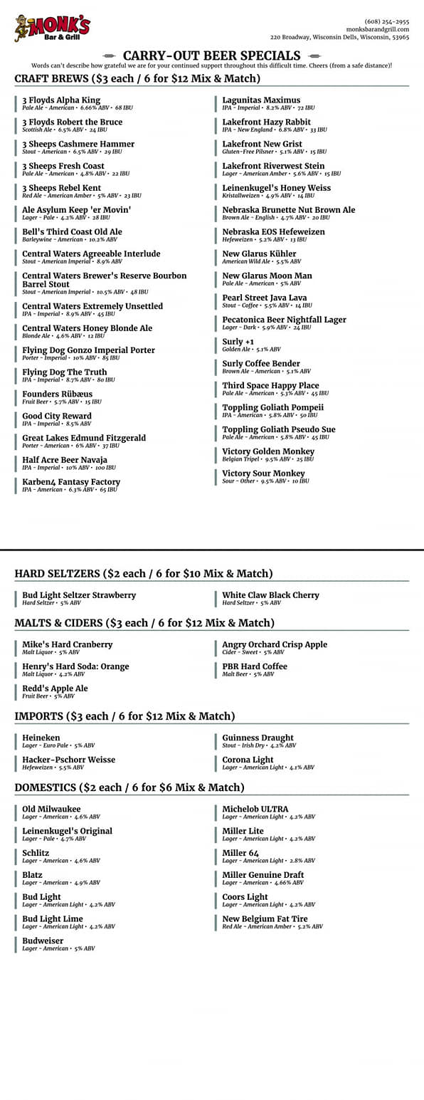 Monk's Bar & Grill Monks Bar & Grill Menu - Bar Menu in Wisconsin Dells, WI