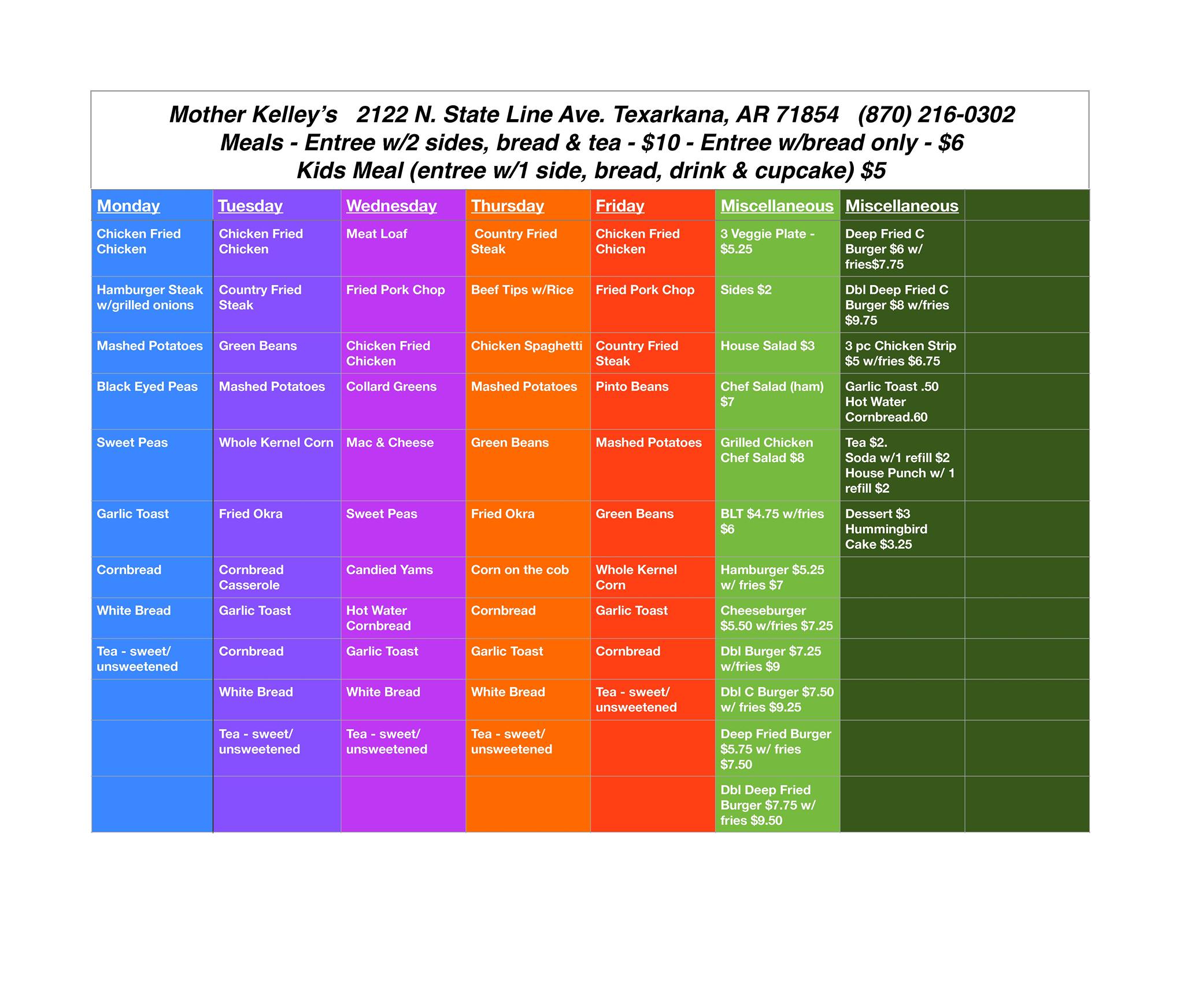 Mother Kelley's Home Cooking Mother Kelleys Home Cooking Menu - American Menu in Texarkana, AR