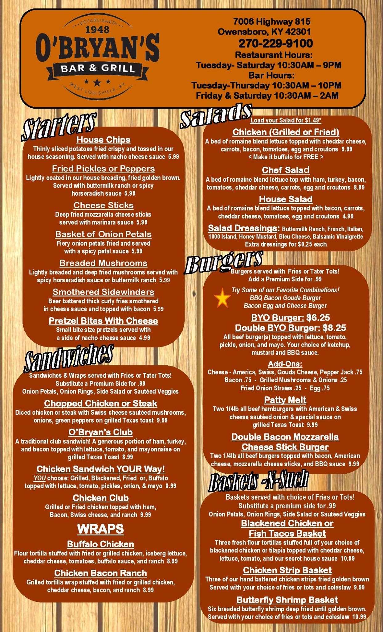O’Bryan’s Bar & Grill O’Bryan’s Bar & Grill General Menu - Bar & Grill Menu in Owensboro, KY