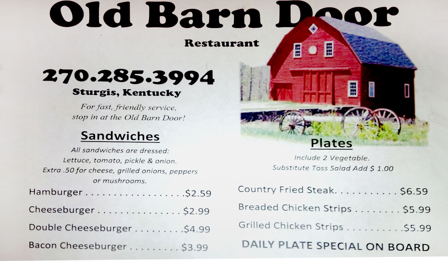Old Barn Door Restaurant Old Barn Door Restaurant Menu - American Menu in Sturgis, KY