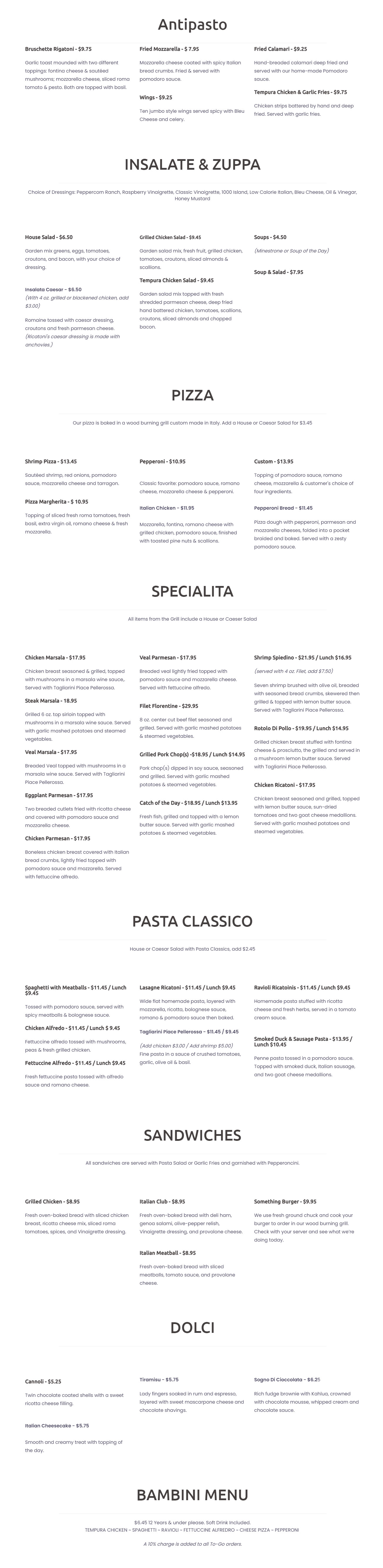 Ricatoni's Italian Grill Ricatoni's Italian Grill General Menu - Italian Menu in Florence, AL