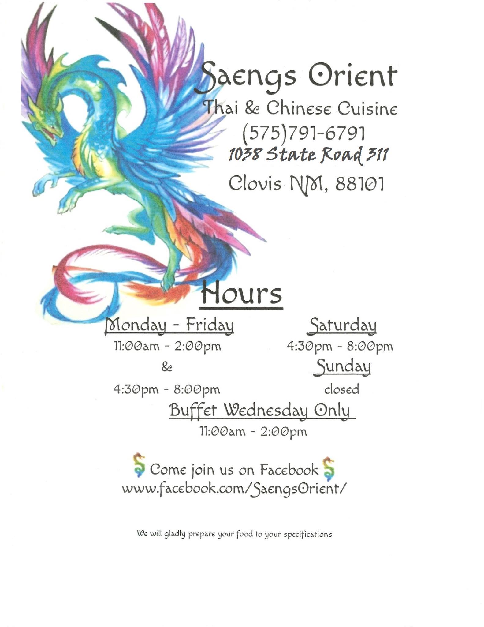 Saeng's Orient Saeng's Orient General Menu - Thai Menu in Clovis, NM