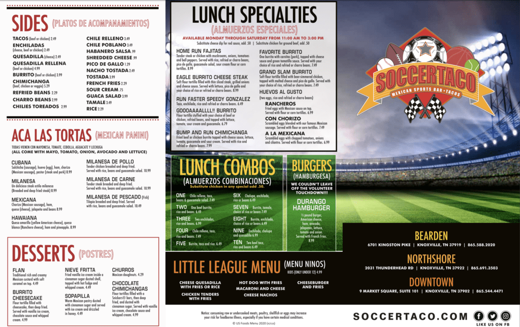 Soccer Taco Bearden Soccer Taco Bearden Menu - Tex-Mex Menu in Knoxville, TN