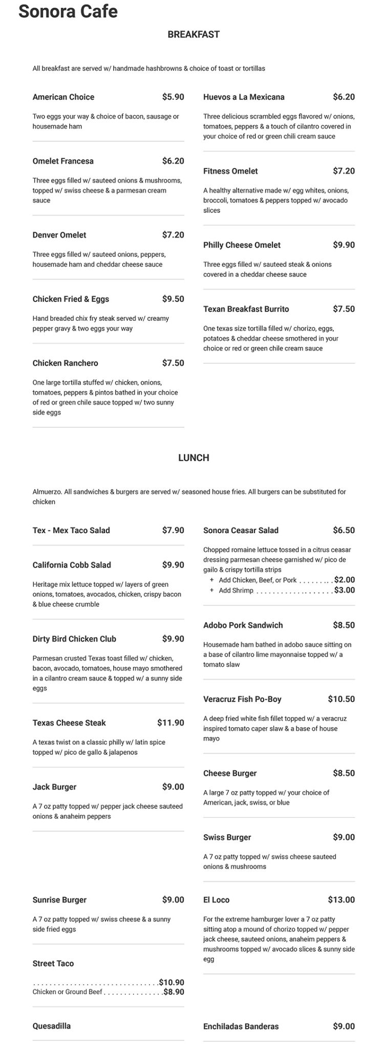 Sonora Café Sonora Café General Menu - Mexican Menu in Springdale, AR