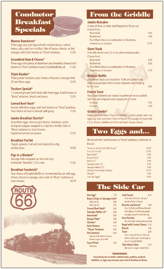 The Crown Railroad Café The Crown Railroad Café General Menu - Diner Menu in Flagstaff, AZ