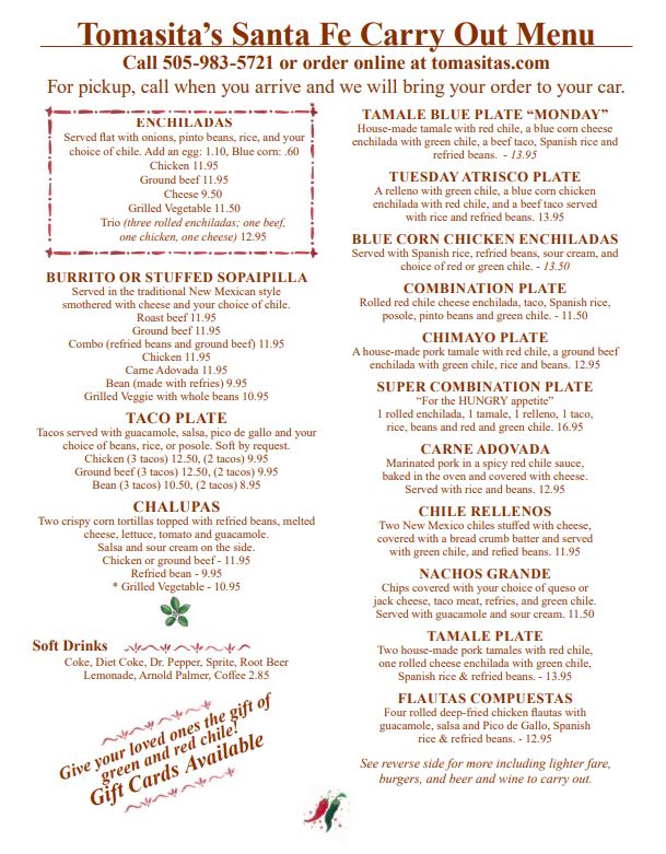Tomasita's Santa Fe New Mexican Restaurant Tomasitas Santa Fe Menu - Bar Menu in Santa Fe, NM