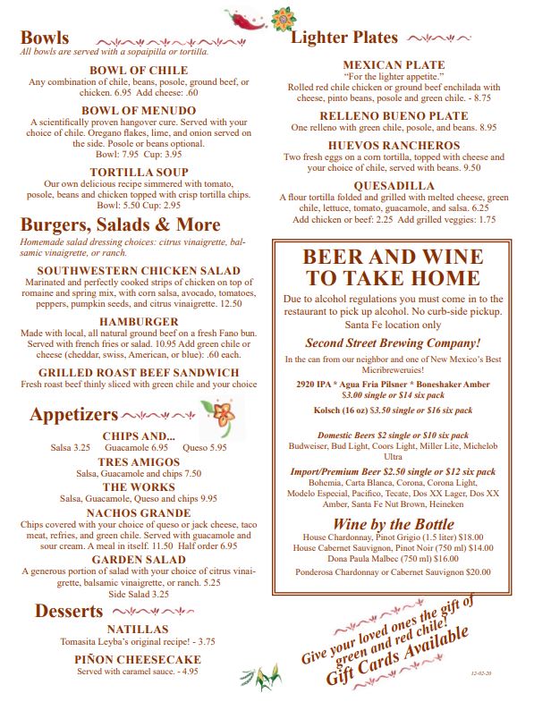 Tomasita's Santa Fe New Mexican Restaurant Tomasitas Santa Fe Menu - Bar Menu in Santa Fe, NM