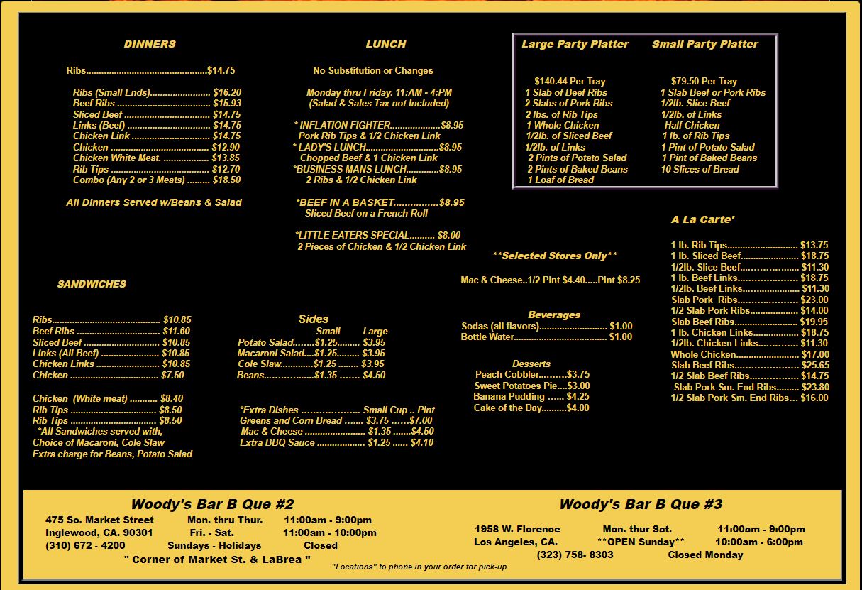 Woody's Bar-B-Que Woodys Bar-B-Que Menu - BBQ Menu in Inglewood, CA