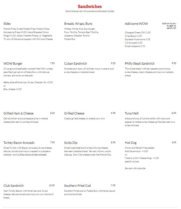 Gabbys Diner Wow Diner Menu - Diner Menu in Milan, NM