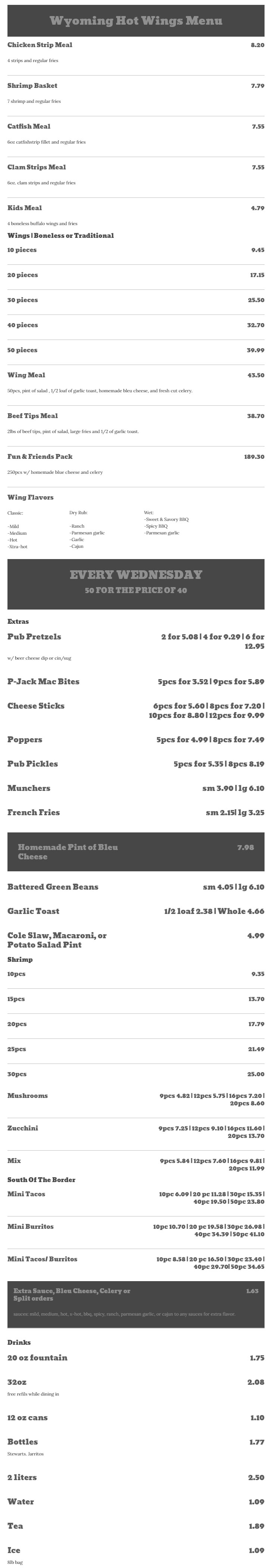 Wyoming Hot Wings Wyoming Hot Wings General Menu - Chicken Menu in Casper, WY