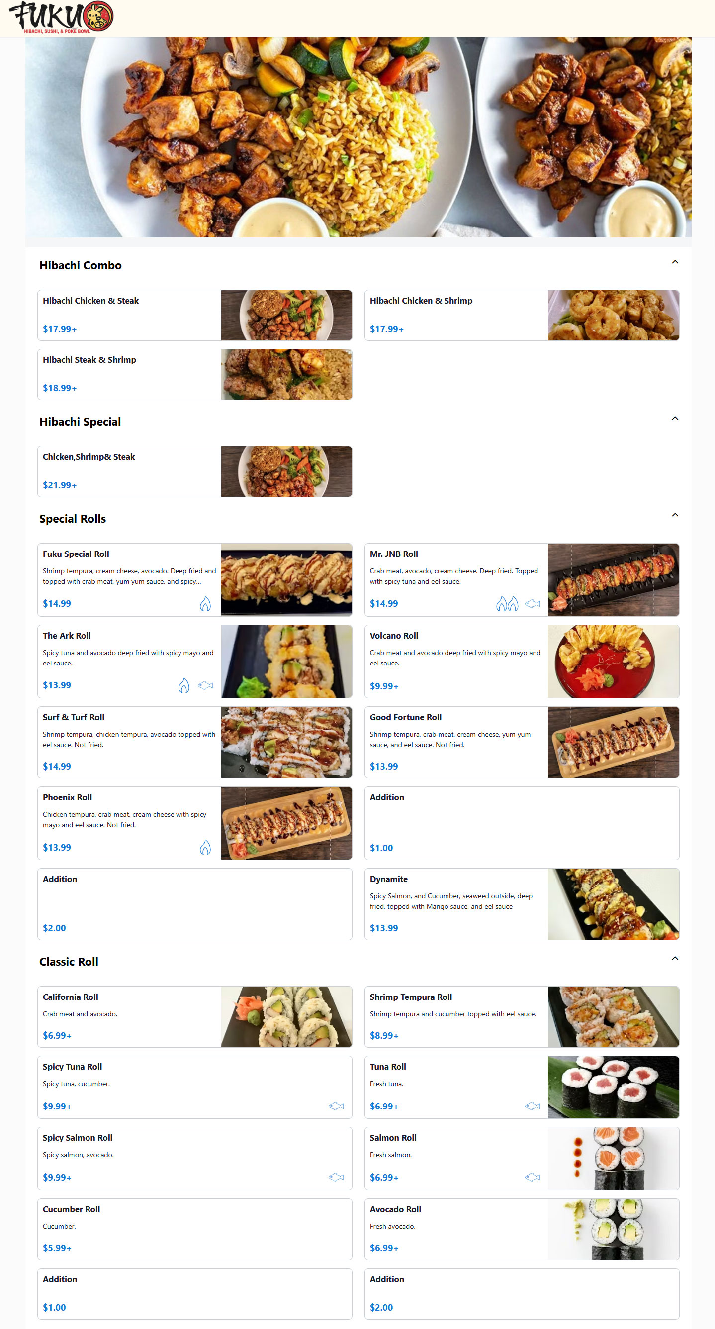 FUKU FUKU General Menu - Japanese Menu in Lowell, AR
