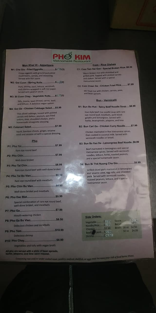 Phở Kim General Menu - Vietnamese Menu in Springfield, MO