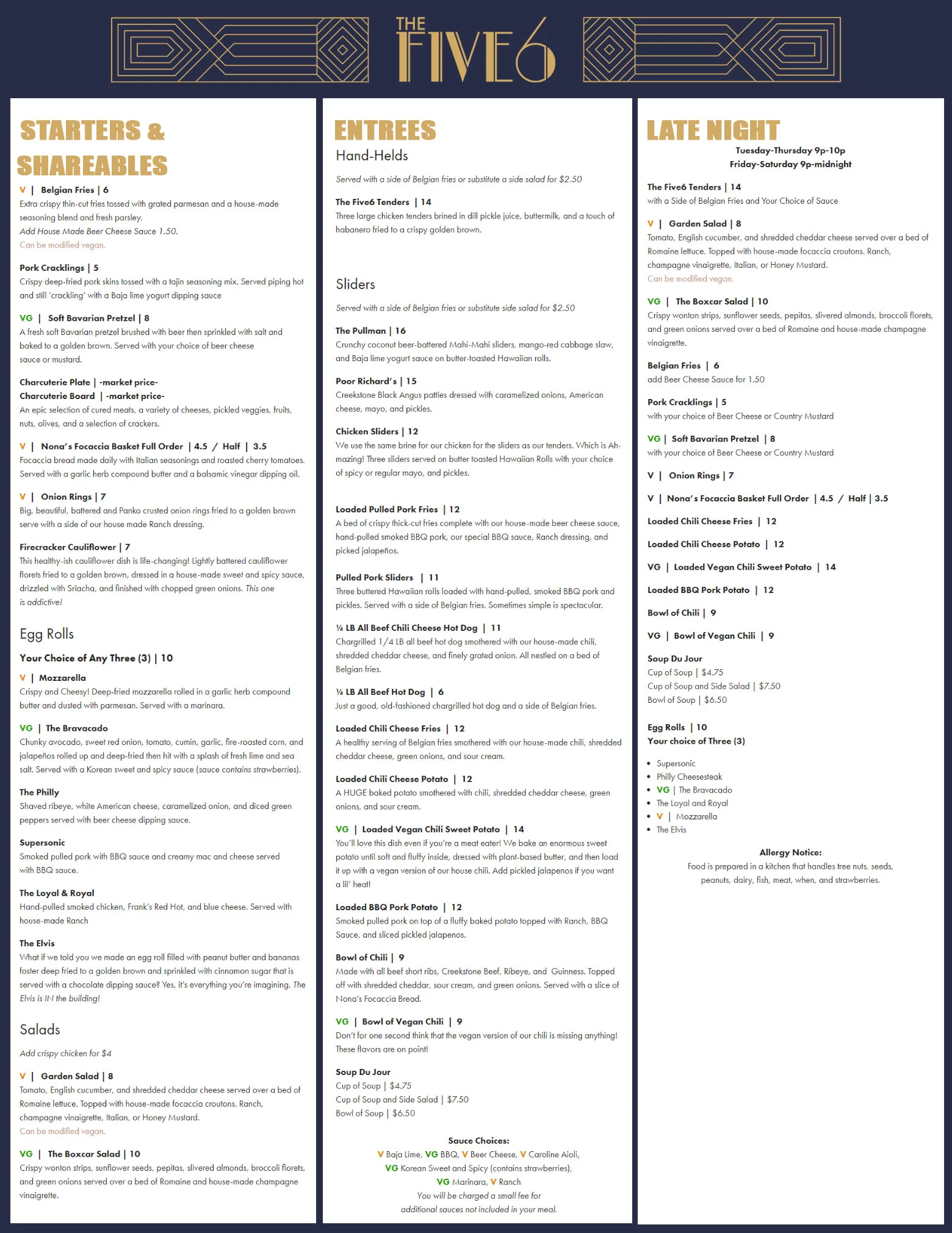 The Five6 The Five6 General Menu - Bars Menu in Rogers, AR