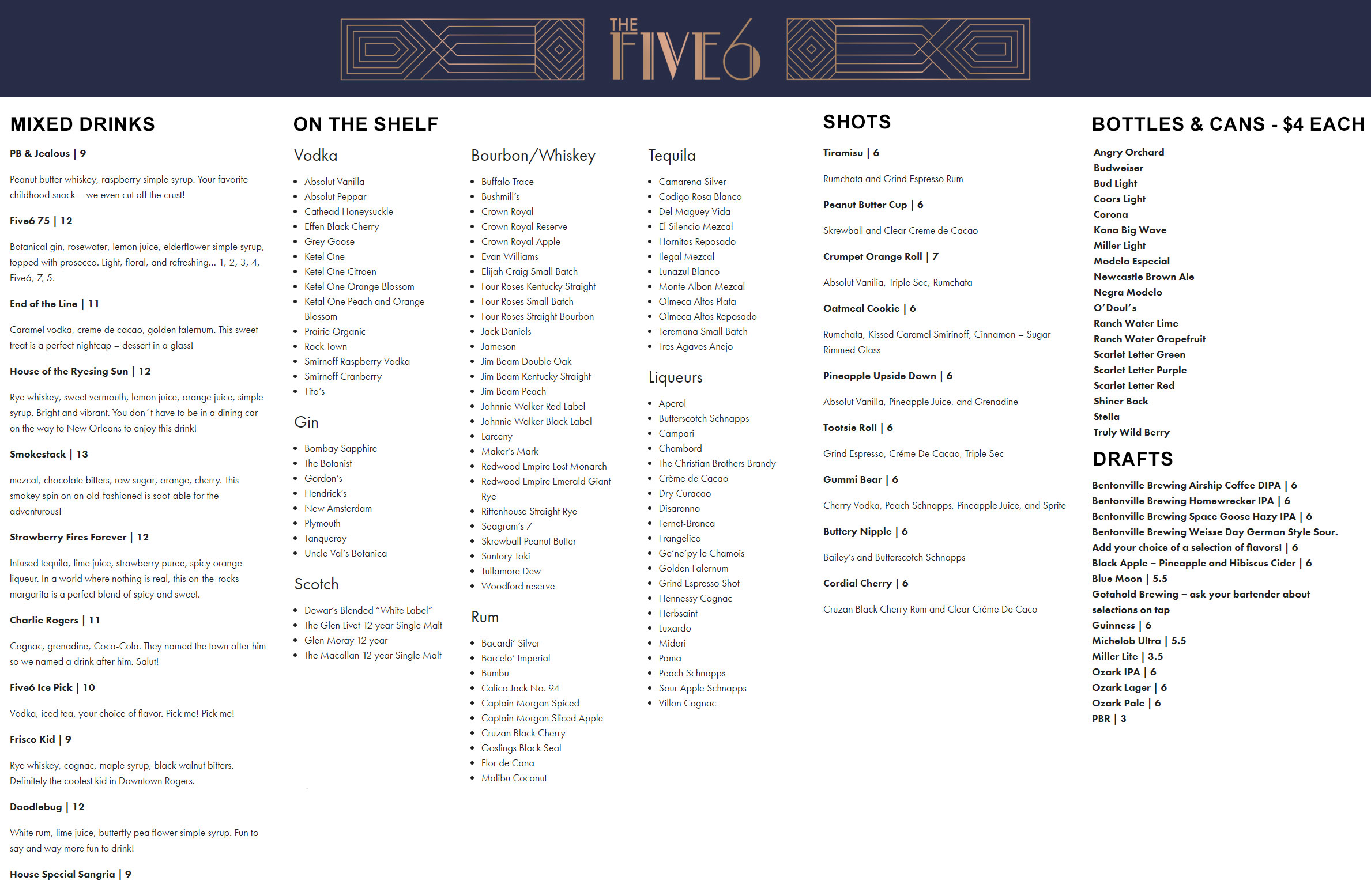 The Five6 The Five6 Drinks Menu - Bars Menu in Rogers, AR